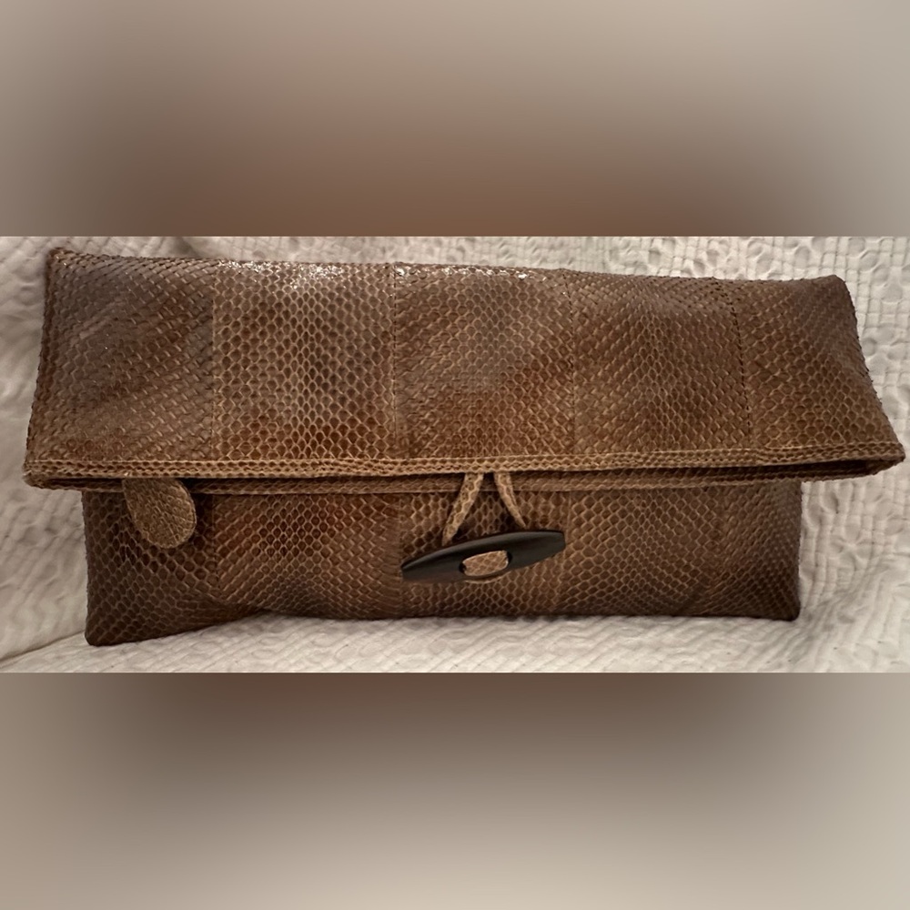 Snakeskin Leather Fold Over clutch with horn toggle closure zipper NWT